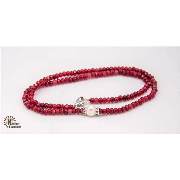 #07- NATURAL RED JADE ,PEARL  NECKLACE 18"