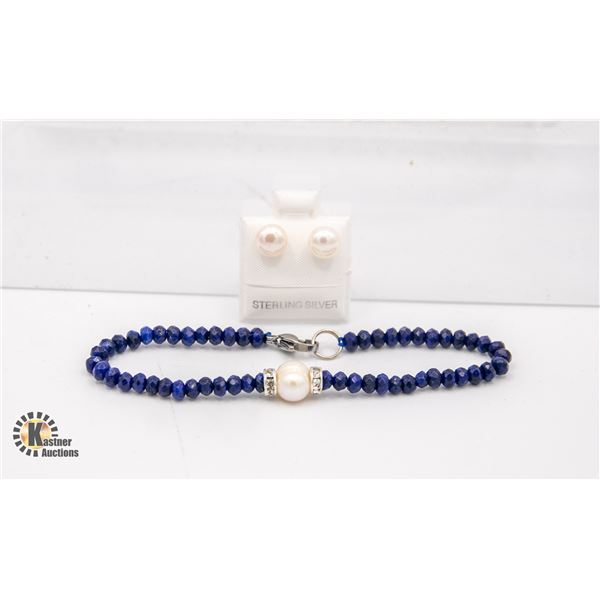 #17- NATURAL DARK  BLUE JADE  ,PEARL ,BRACELET ,EA