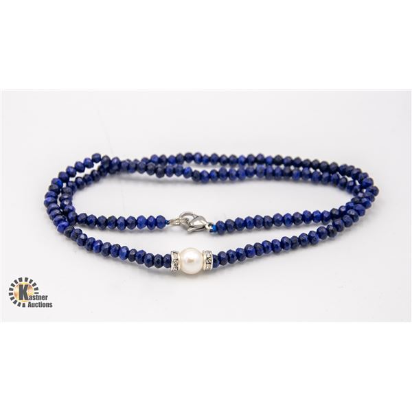 #16- NATURAL DARK BLUE JADE ,PEARL  NECKLACE 18"