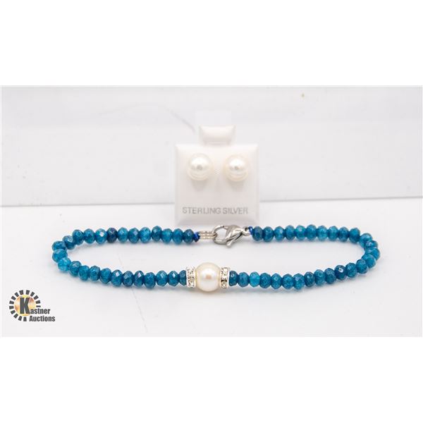 #04-NATURAL BLUE APATITE , PEARL BRACELETE ,EARRIN