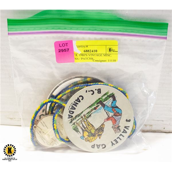 LOT OF 8, 1980'S VINTAGE MISC. BUTTONS / PATCHS