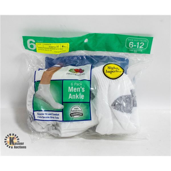 ANKLE SOCKS WHITE 6-12 SIZE 6-PACK FRUIT OF
