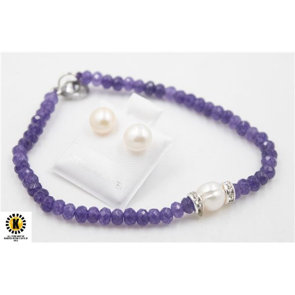 #87-NATURAL AMETHYST& PEARL BRACELET 7.5"EARRINGS