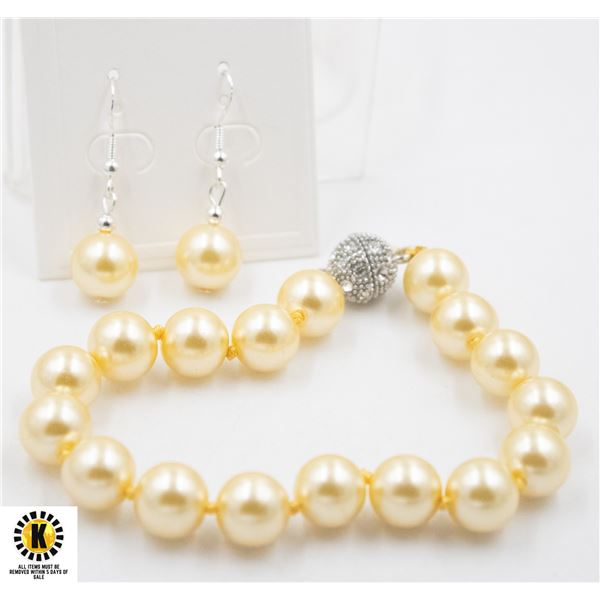 #98-SEA SHELL PEARL BRACELET & EARRINGS 10MM/ 7.5"
