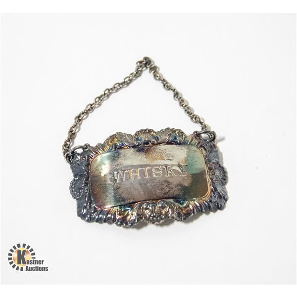 VINTAGE SILVER WHISKY BOTTLE TAG/LABEL