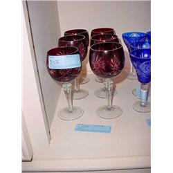 Six Red Glass Stemmed Crystal Glasses
