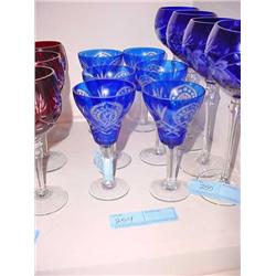Six Blue Glass Stemmed Crystal Glasses