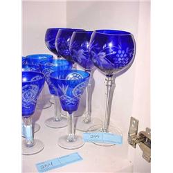 Four Blue Glass Stemmed Crystal Glasses