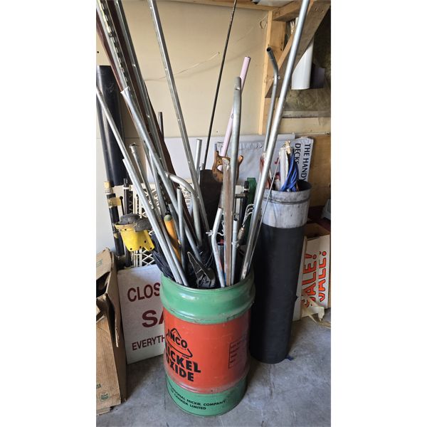 ASSORT TOOLS, PIPE, BARREL & MORE