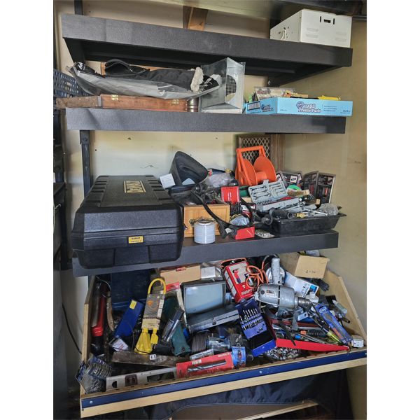 CONTENTS OF SHELVES AND ITEMS ON TOP SHELF