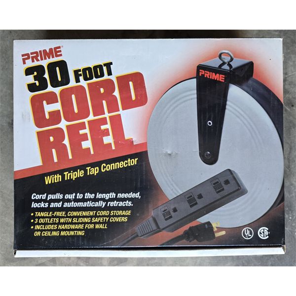 NEW PRIME 30FT CORD REEL W/ TRIPLE TAP CONNECTOR