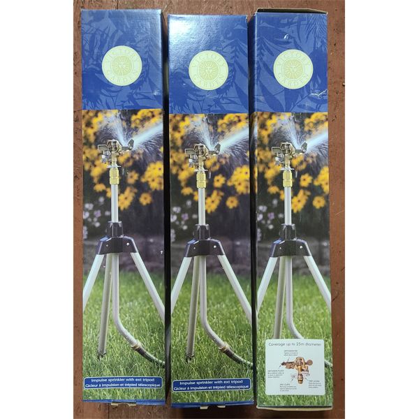 3 VICTORY GARDEN IMPULSE SPRINKLERS  W/ EXTRA TRIPODS
