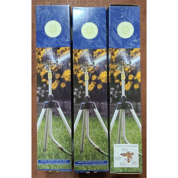 3 VICTORY GARDEN IMPUSLE SPRINKLERS W/ EXTRA TRIPODS