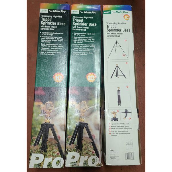 3 SUN MATE PRO TRIPOD SPRINKLER BASES W/ IMPACT SPRINKLER HEADS