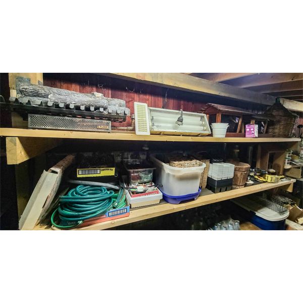 TWO SHELVES OF ASSORT. LAWN DECO & TOOLS