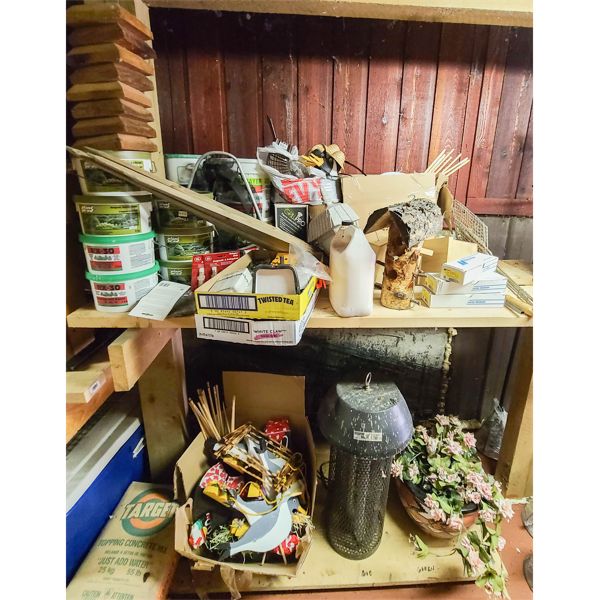 TWO SHELVES OF ASSORT. LAWN DECO & TOOLS