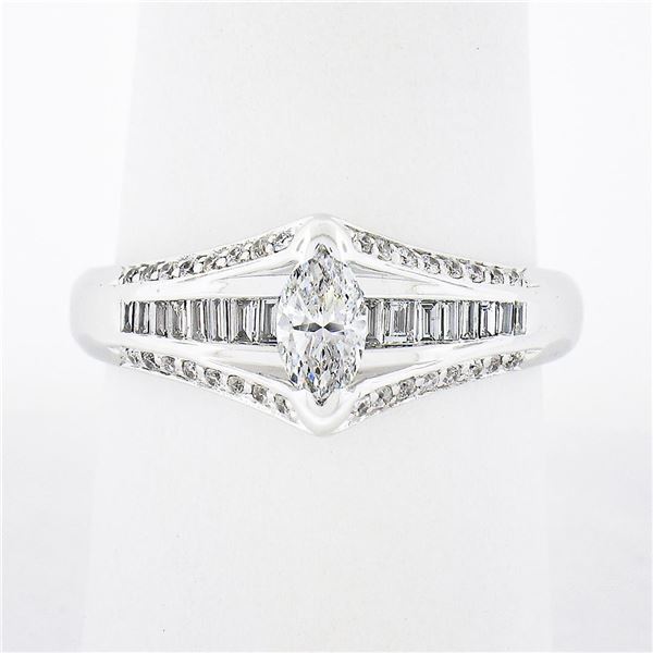 14k White Gold 1.37 ctw Marquise Solitaire Baguette Round Diamond Engagement Rin