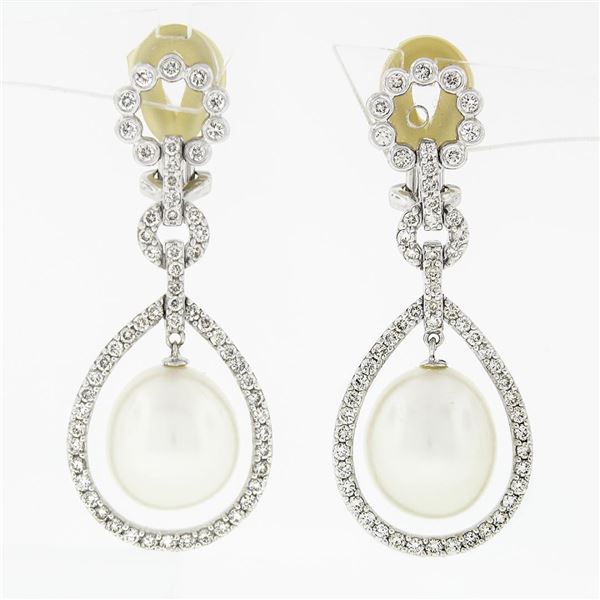 Elegant 18K White Gold Oval Pearl & 1.50 ctw Diamond Halo Teardrop Dangle Earrin