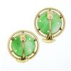 Image 6 : Vintage 14K Gold Carved Jade Large Round Multi Prong Set Button Clip On Earrings