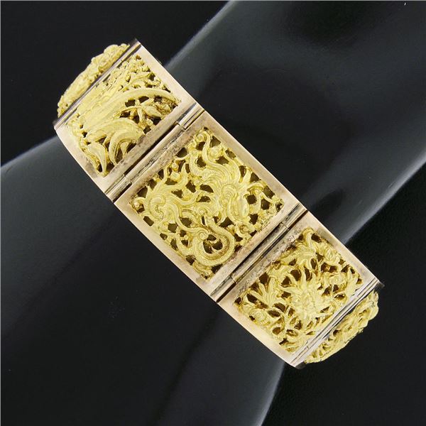 Vintage Solid 18k Yellow Gold Nautical Themed Hinged Square Panel Link Bracelet
