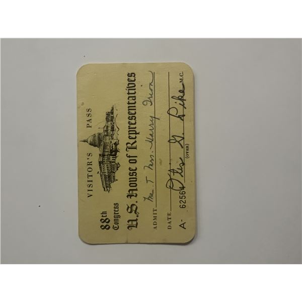 U.S. House of Representatives Otis G. Pike signed Visitor's Pass