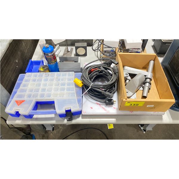 LASER DIGITAL TACHOMETER, AKRO-MILS PARTS ORGANIZER, ASSORTED POWER CORDS, BALDOR PARTS, PLASTIC