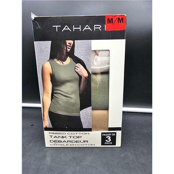 Tahari Ribbed Cotton 3pk Tank Tops (M) Green, grey, tan
