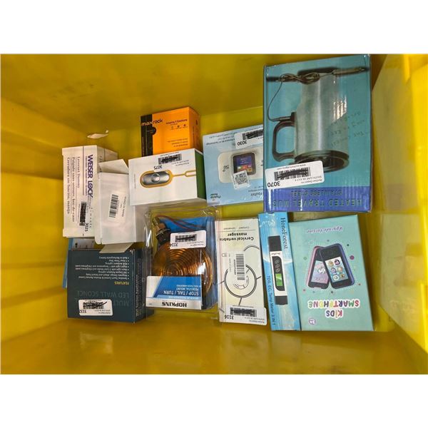 Bin of assorted electronics, bin included