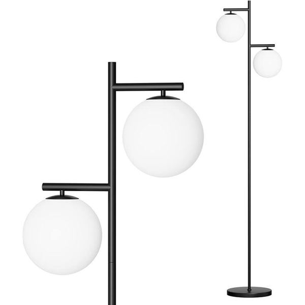 Matte Black Globe Floor Lamp - 2 Globe Mid Century Modern Frosted Glass Floor Lamp, Milky Glass Sphe