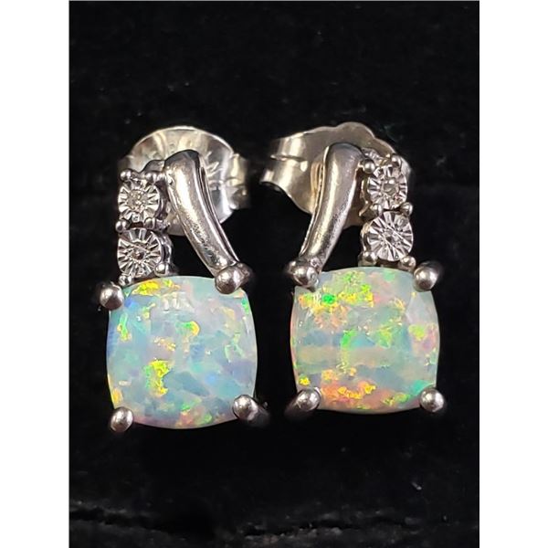Silver Created Opeal And Natural Diamond Earrings, Suggested Retail Value $240