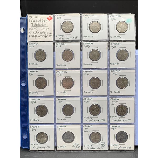 ESTATE ITEM - Set of Canada Nickels 1922-1952 King George V and VI Silver Cataloged LOT of 19
