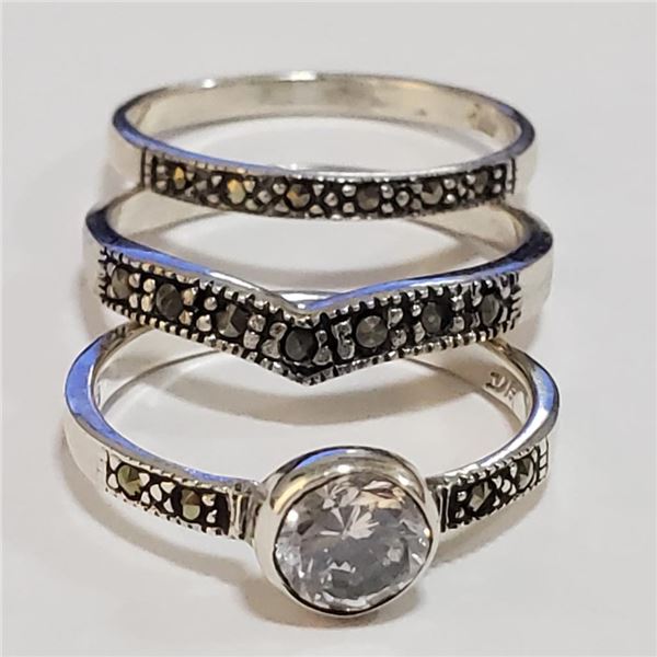 Silver 3 Stacking Marcasite Cubic Zirconia Ring (~Size 0) (~length 0inches) (~weight 5.07g), Suggest