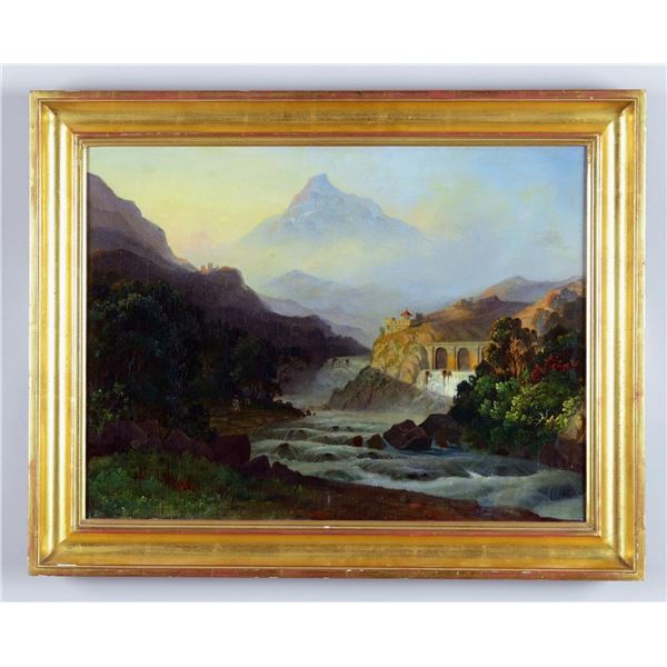 VIEW OF A CASTLE IN MOUTAIN LANDSCAPE.