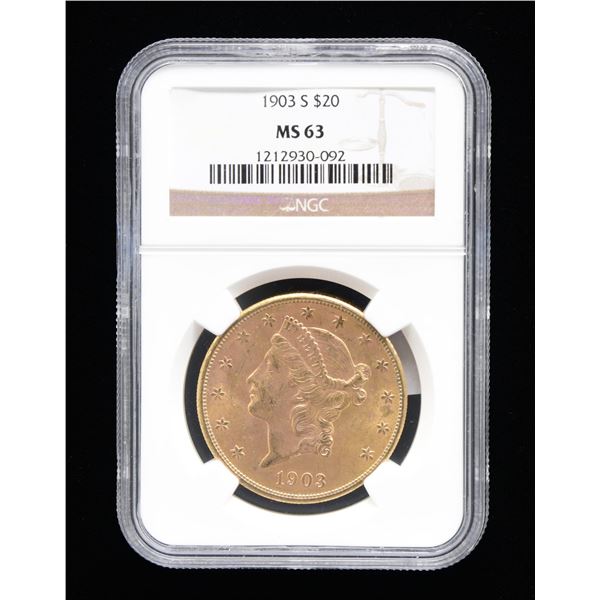 1903 US GOLD $20 LIBERTY HEAD DOUBLE EAGLE COIN.