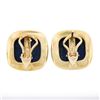 Image 5 : Large 14K Gold Cushion Cabochon Polished Lapis Lazuli Bezel Set Button Earrings