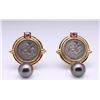 Pair of 18k Yellow Gold South Sea Black Pearl, Ruby & Byzantine Coin Earrings