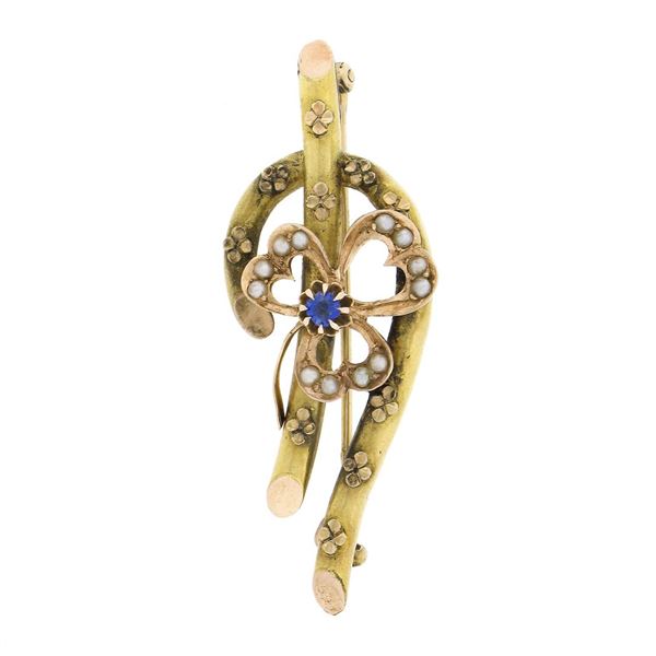 Antique Victorian 14k TT Gold Sapphire w/ Seed Pearl Clover & Branch Brooch Pin