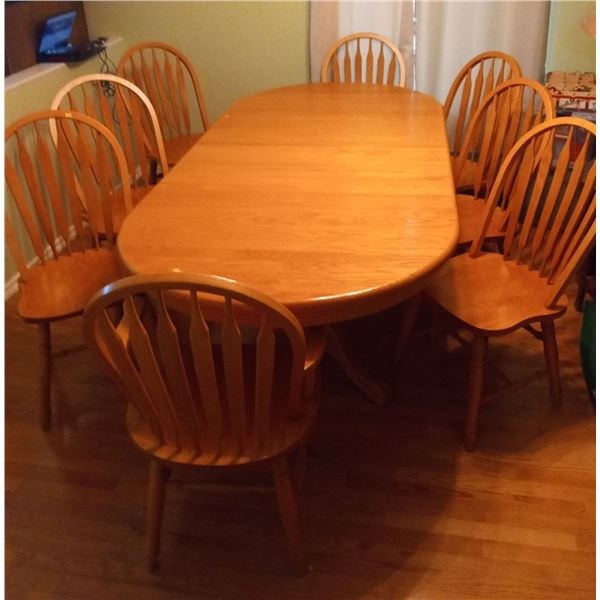Solid Oak Country Dining Table with Eight Matching Wooden Chairs