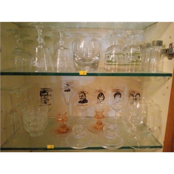 Collection of Candleholders, 70's Celebrity Glasses, Champagne Flutes and  a Brandy Sniffer