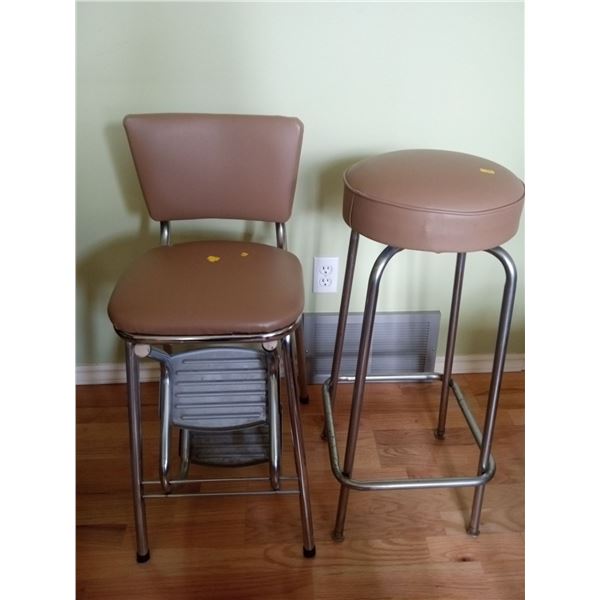 Set of Metal and Brown Material Stool and Chair
