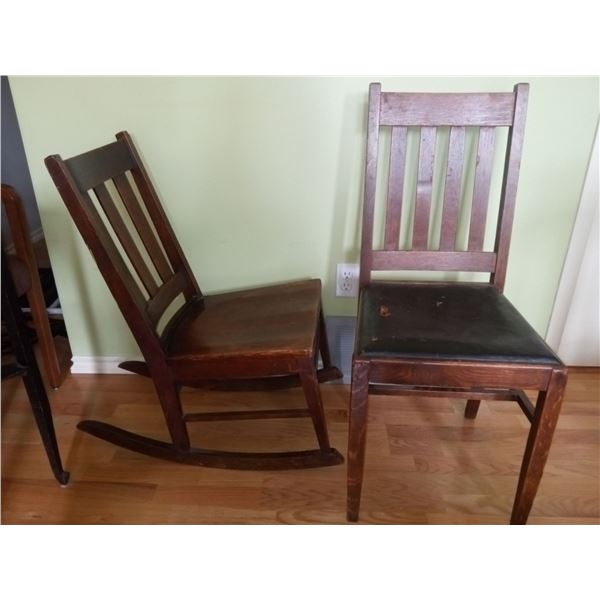 Wooden Rocking Chair and Wooden Chair with Distressed Leather Seat