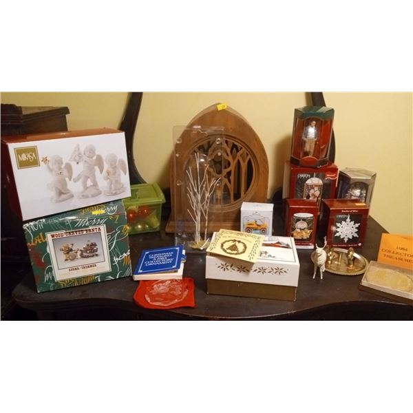 Various Christmas Decor and Wooden Radio Shell