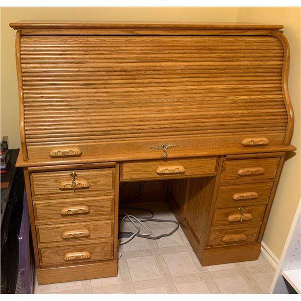 Beautiful Wooden Roller Desk with Cabinets (**NOT INCLUDING CONTENTS**)