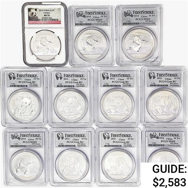 2012&2014 [11] 1oz. Silver China Panda 10 Yuan PCGS Gem/MS/PF