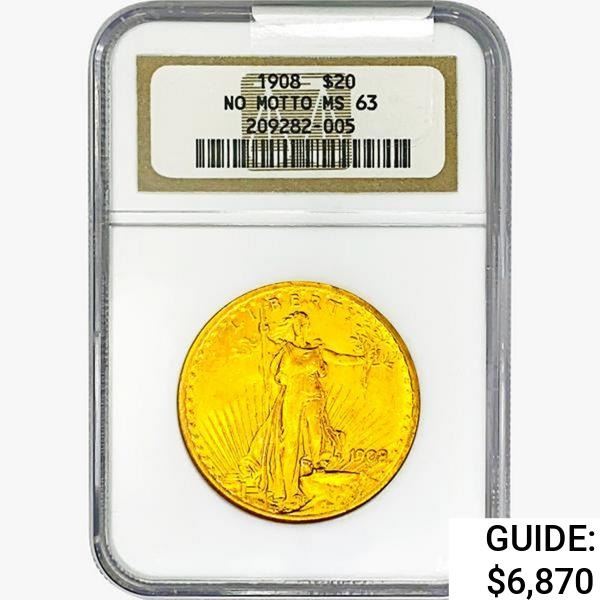 1908 $20 Gold Double Eagle NGC MS63 No Motto
