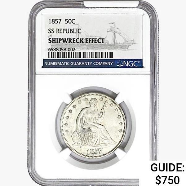 1857 Seated Lib. 50C NGC Shipwreck Effect SS REP.