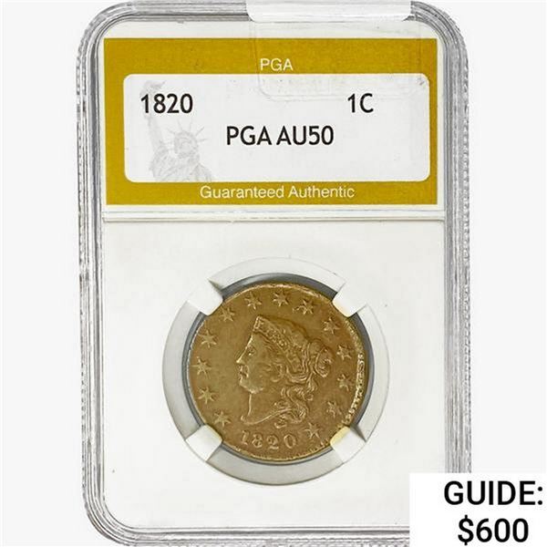 1820 Coronet Head Large Cent PGA AU50