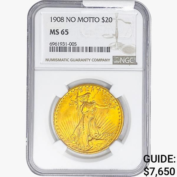 1908 $20 Gold Double Eagle NGC MS65 No Motto