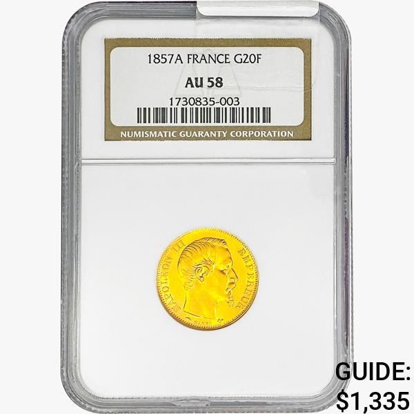 1857-A 0.187oz G20 Franc NGC AU58