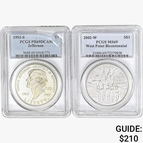 [2] 1993-S & 2002-W S$1 Jefferson/West Point PCGS PR/MS69